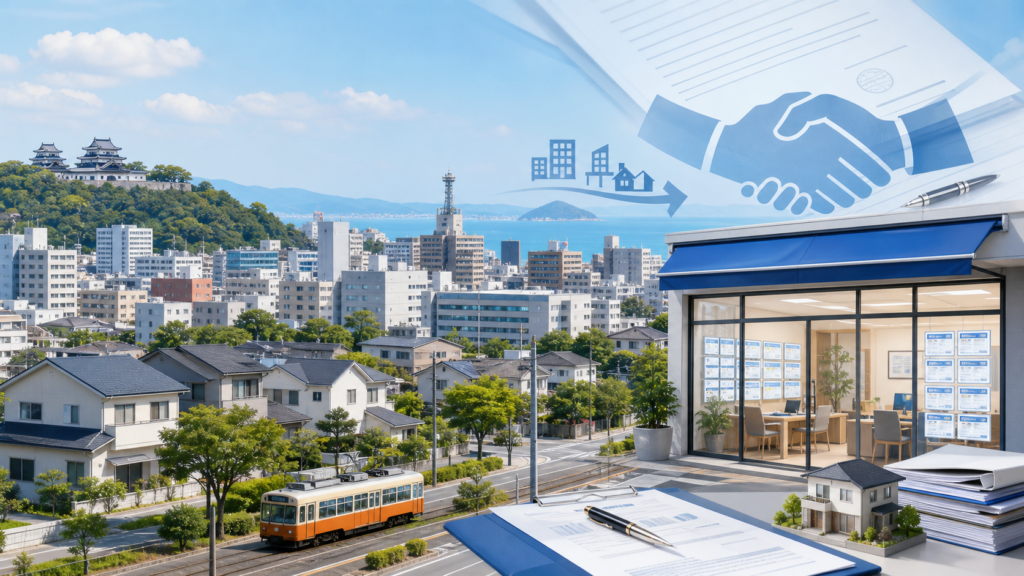 松山の市街地と住宅地、不動産仲介店舗、契約書類のイメージを重ねた不動産会社M&Aのアイキャッチ画像