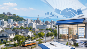 松山の市街地と住宅地、不動産仲介店舗、契約書類のイメージを重ねた不動産会社M&Aのアイキャッチ画像