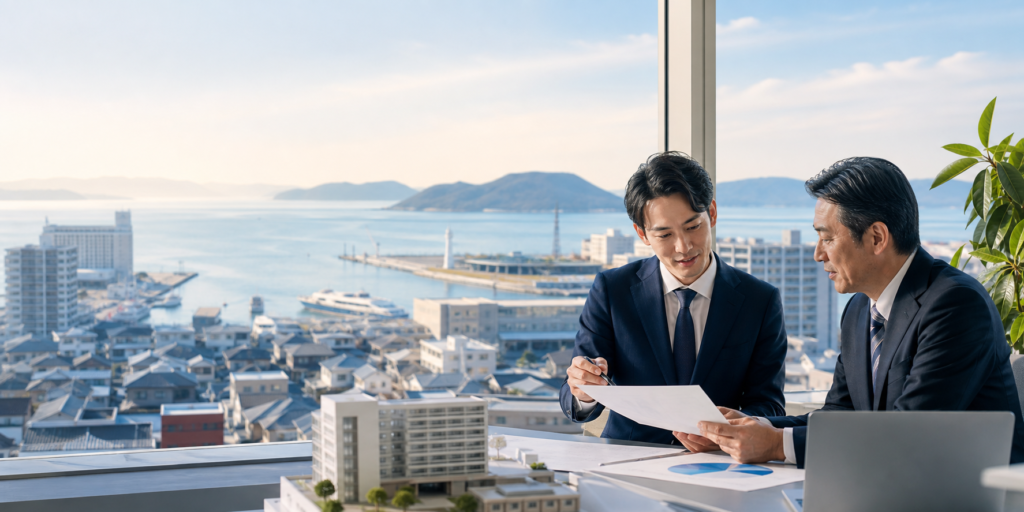 高松港周辺の街並みと事業承継をイメージした不動産会社M&Aの横長ビジュアル