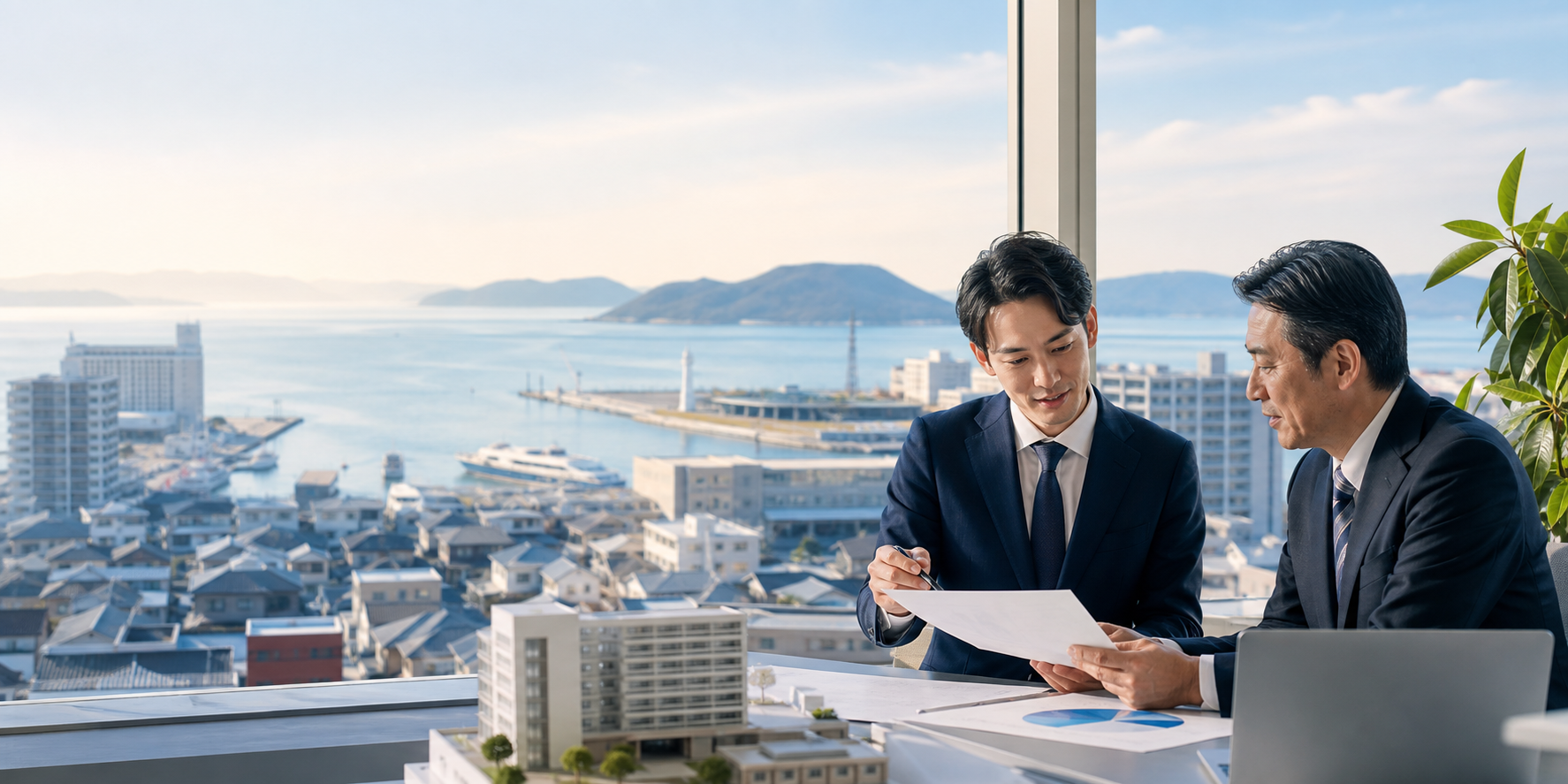 高松港周辺の街並みと事業承継をイメージした不動産会社M&Aの横長ビジュアル