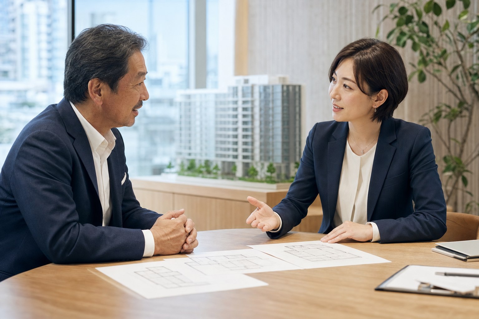 不動産仲介会社の売却について相談する経営者とM&Aアドバイザー