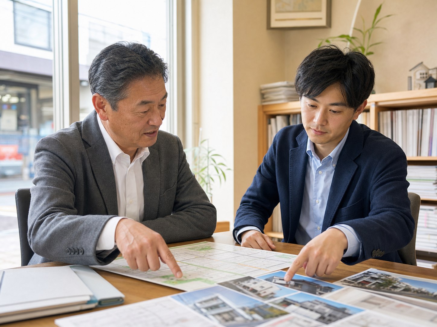 地域の不動産会社で地図と物件資料を確認しながら承継を検討する経営者